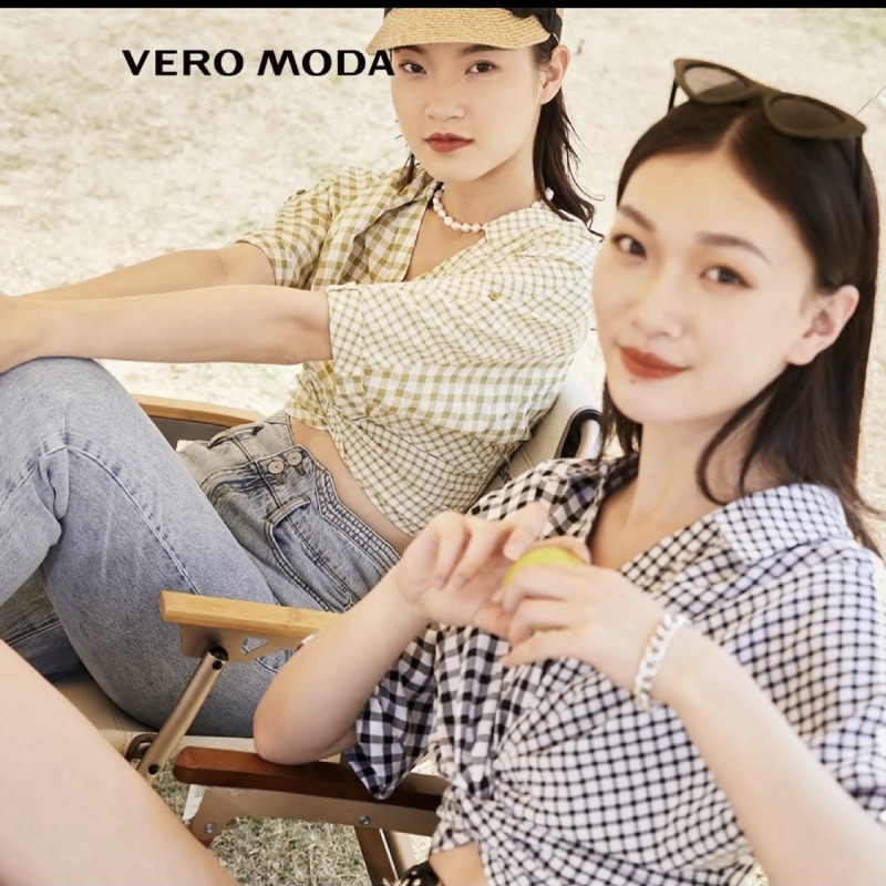 (Có sẵn) Áo sơmi Vero Moda kẻ caro 2 màu xanh/đen xoắn eo phía trước