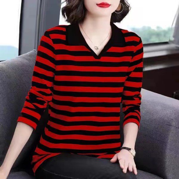 Áo Thun Nữ Dài Tay Cổ Bẻ Form Rộng Họa Tiết Kẻ Sọc Thời Trang Mùa Thu Mới