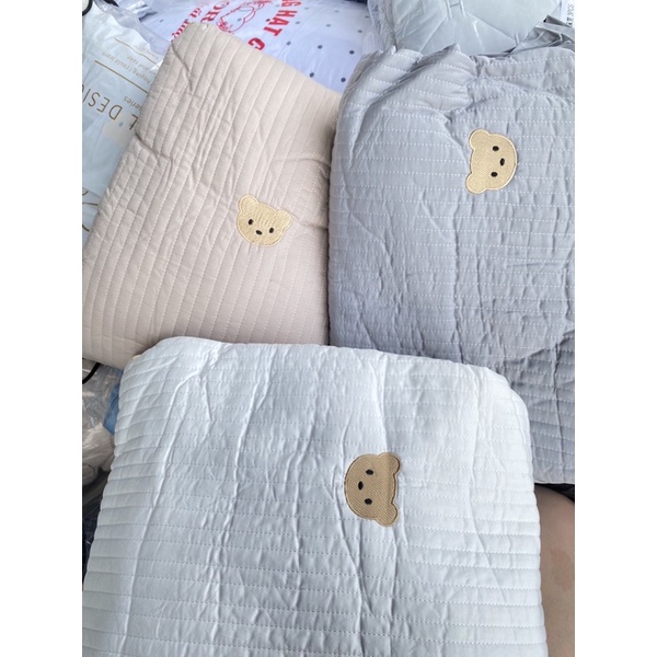 Set 3 món ga gối trần bông cotton line thêu hoạ tiết gấu teddy bear vitage