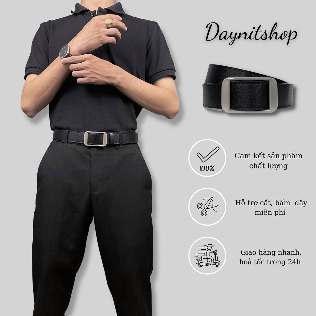 Dây nịt, thắt lưng Unisex, da PU, mặt chữ nhật bản 3.3 cm, khóa luồng B07 (Miễn phí bấm lỗ, cắt dây) .