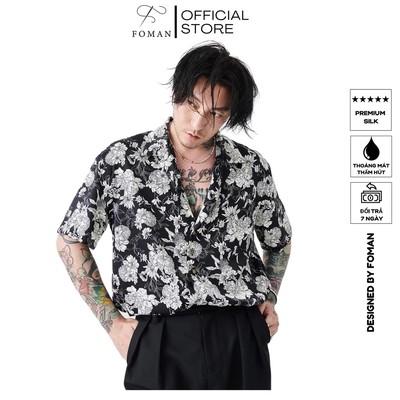 Áo sơ mi nam hoạ tiết Hoa Mẫu Đơn Peony F FOMAN tay ngắn vải lụa, thoáng khí, không nhăn, thấm hút (FM26)