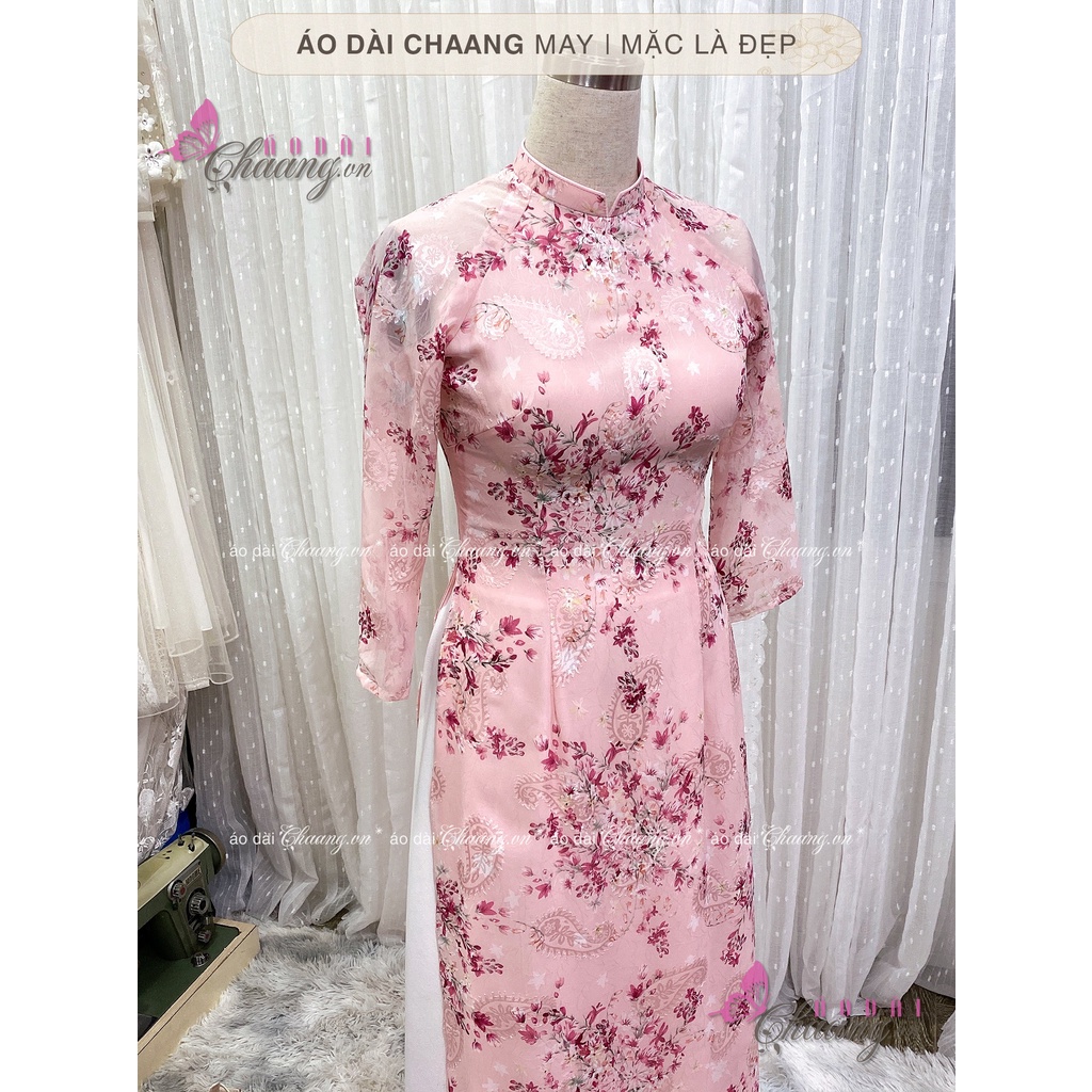 Áo dài nữ 4 tà CHAANG May sẵn hoa nhí truyền thống cổ cuông tay lỡ lụa tơ hoa đẹp 021