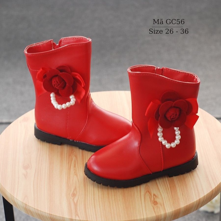 Giày bốt bé gái 3 - 12 tuổi cổ cao khóa kéo thời trang 3 màu hồng đen đỏ gắn hoa duyên dáng cho bé đi học đi chơi GC56