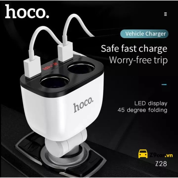 Cóc sạc nhanh xe hơi Hoco Z28 Power Ocean 2 cổng tẩu sạc, 2 cổng sạc USB có đồng hồ chính hãng