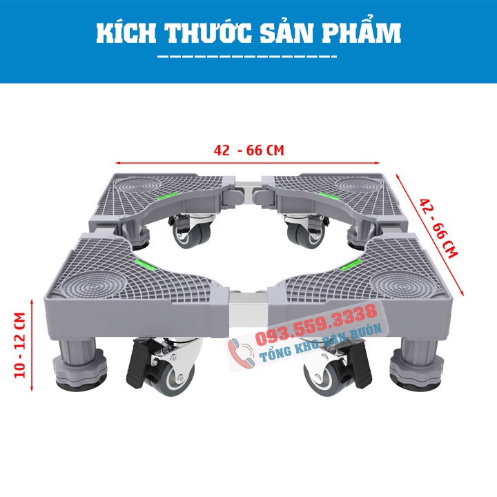 Chân đế Máy Giặt - Tủ lạnh 4 TRỤ 4 BÁNH / Chân Kệ Kê Máy Giặt điều chỉnh kích thước 2 chiều 42-66cm