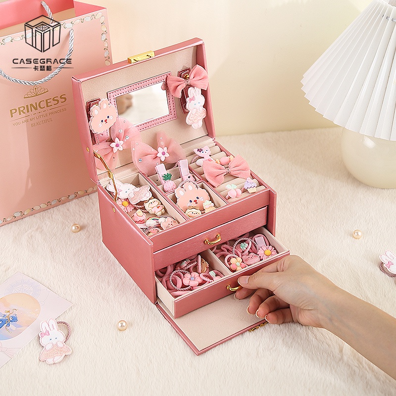 Casegrace Hộp Đựng Trang Sức Bằng Da Hai Ngăn Kéo Trưng Bày Cho Bé Gái