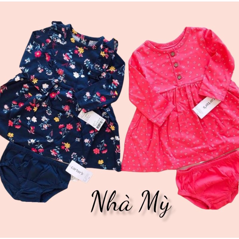 (3-18M) Set 2 chi tiết đầm dài tay cho bé gái kèm quần chip hãng Carter's xuất xịn