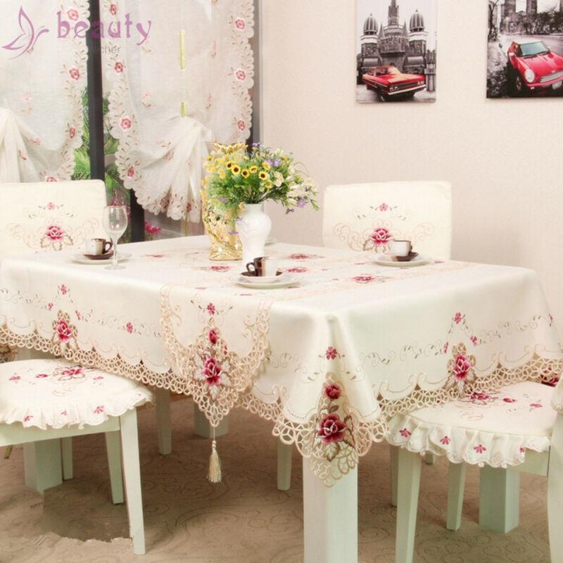 Khăn Trải Bàn Hình Chữ Nhật Phối Ren Dễ Giặt Để Trang Trí