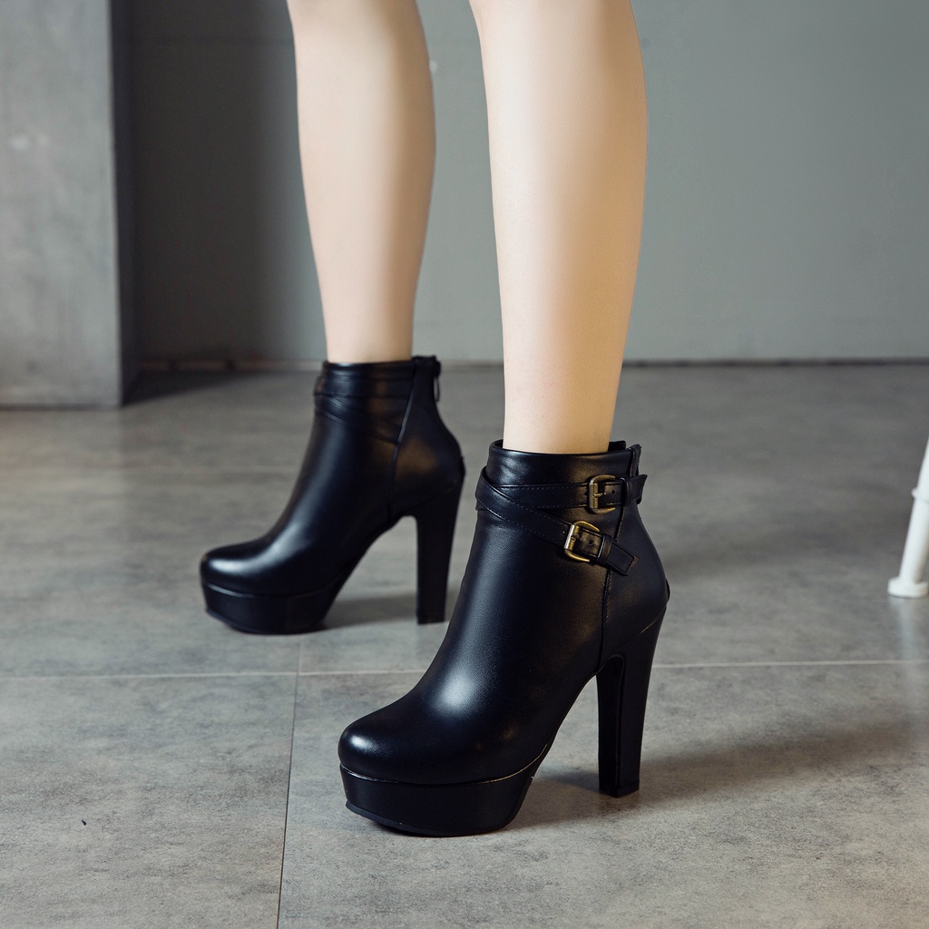 [ Ảnh thật+ Video] Giày boot nữ cổ ngắn cao gót 12cm màu đen GBN10301
