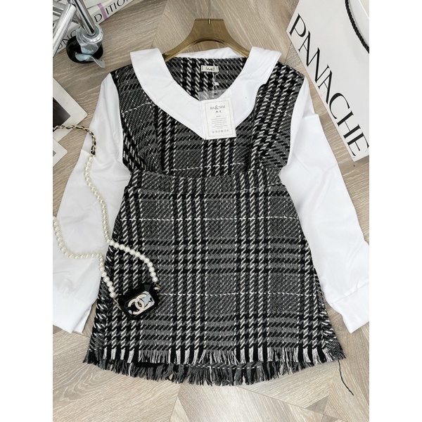 [ 𝐅𝐑𝐄𝐄 𝐒𝐇𝐈𝐏 ] SÉT DẠ CARO ĐAN CỔ SEN TAY TRẮNG CHÂN VÁY CHỮ A CHẤT DẠ MỀM ĐANH TAY Ạ