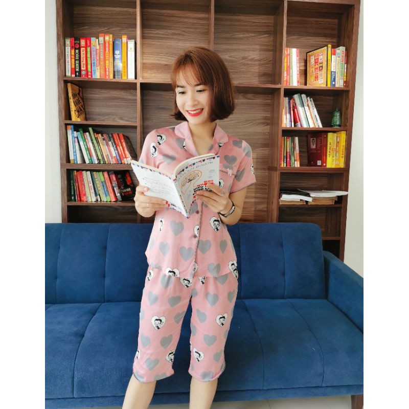 Bộ mặc nhà nữ tim hồng, bộ pijama lụa satin cao cấp, hàng thiết kế quần lửng, quần đùi có size nhiều màu A42