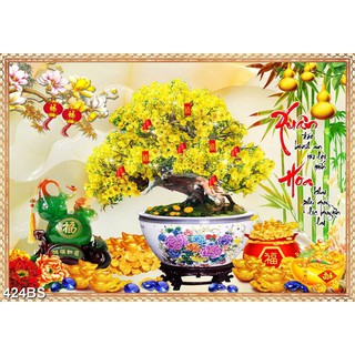 TRANH DÁN TƯỜNG CHẬU HOA MAI VÀNG ĐÓN TẾT - TRANH DÁN TƯỜNG THƯ PHÁP CHẬU BON SAI