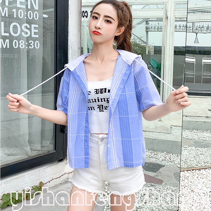 Áo Sơ Mi Tay Ngắn Kẻ Sọc Caro Phong Cách Retro Hàn Quốc