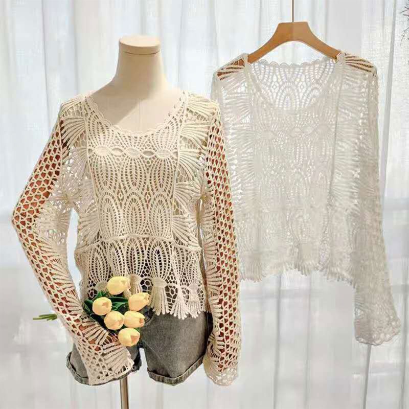 Brroa Áo Lưới Tay Dài Thêu Hoa Rỗng Thời Trang Xuân Hè Giản Dị Dành Cho Bạn Nữ L