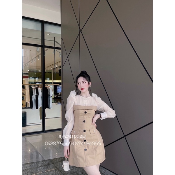 Váy kaki viền phối tay bồng