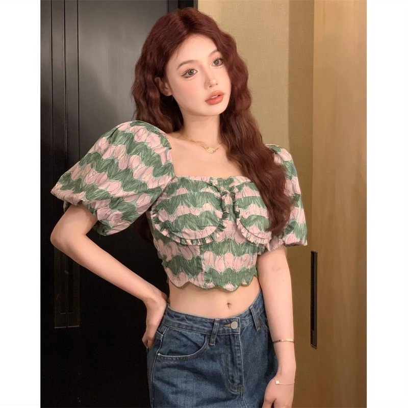 Áo Kiểu Tay Phồng Ngắn Dáng Ôm Thời Trang Mùa Hè Retro Mới Cho Nữ