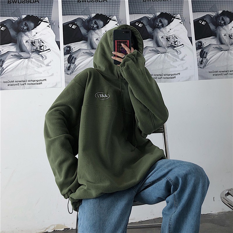 Áo hoodie nữ form rộng dày dặn lông cừu AAxi mũ 2 lớp màu xanh lá đậm, màu đen, chất đẹp