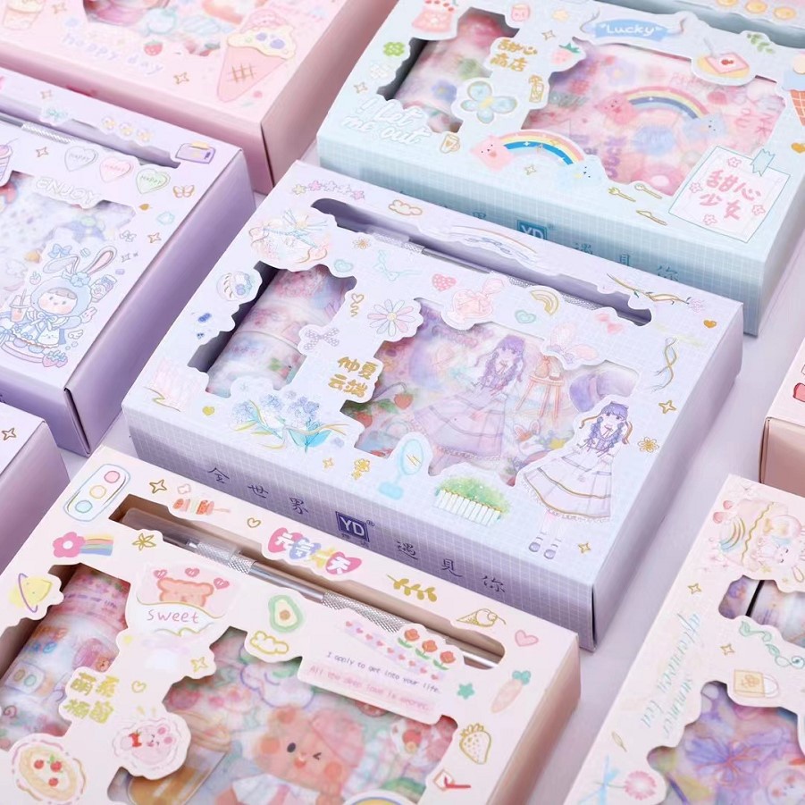 Hộp 18 món sticker + băng dính washi tape nhiều hình cute dễ thương trang trí sổ tay nhật ký đáng yêu đa năng CREAMY