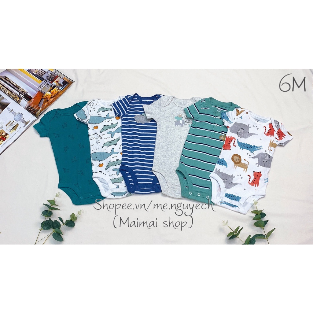 (3-6M Chọn màu- Trai) Body chip TAY NGẮN xuất dư cổ tròn, cổ đáp chéo cho bé trai sz 3-6M- Bộ liền thân cho bé