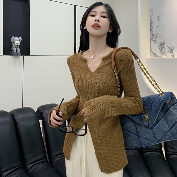 Áo Dệt Kim Tay Dài Cổ Chữ V Xẻ Tà Dáng Ôm Phong Cách Hàn Quốc Cổ Điển Thời Trang Cho Nữ