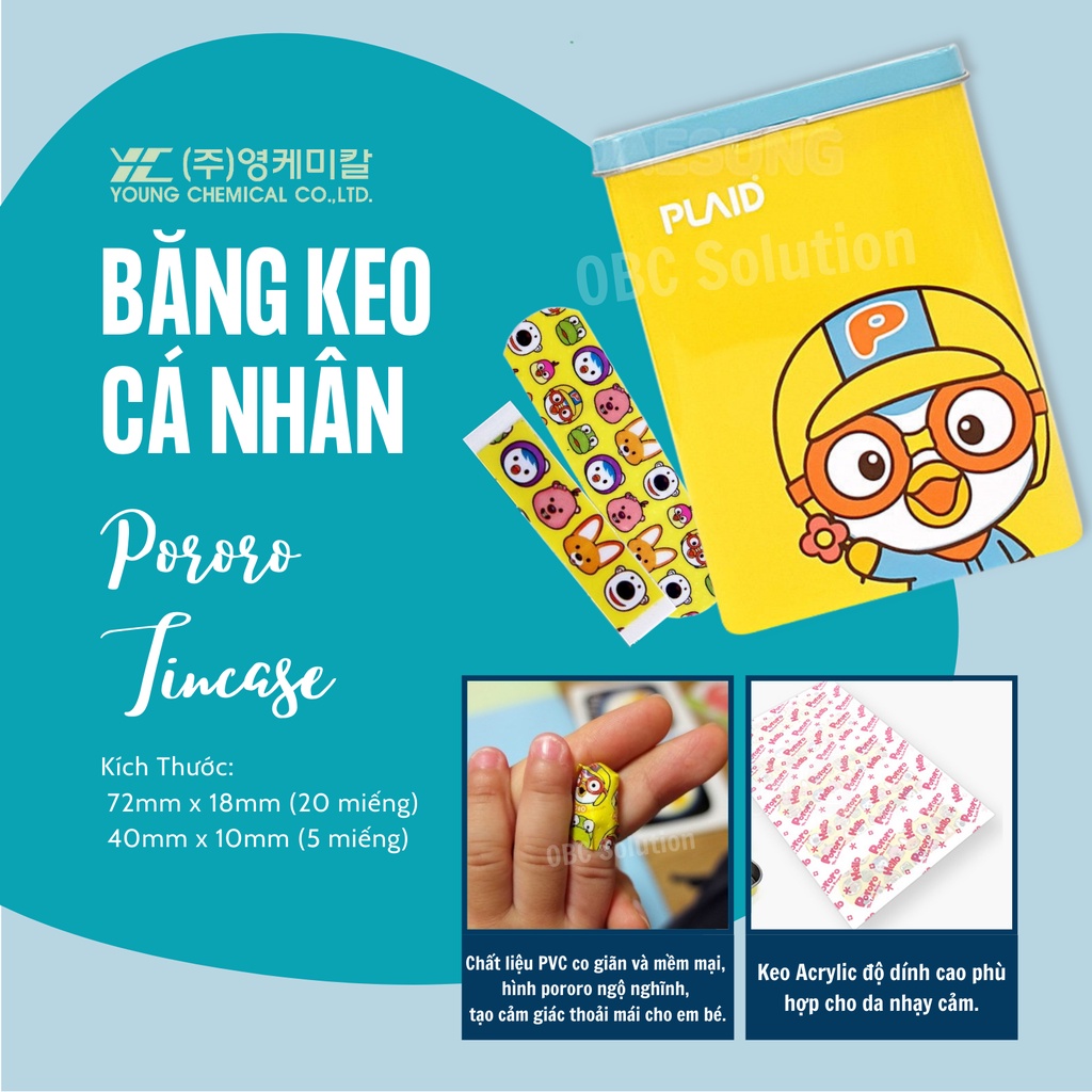 Băng Keo Cá Nhân Hộp Thiếc Vàng Pororo Kids Band – Dành Cho Da Nhạy Cảm (hộp 2 size – 25 miếng)