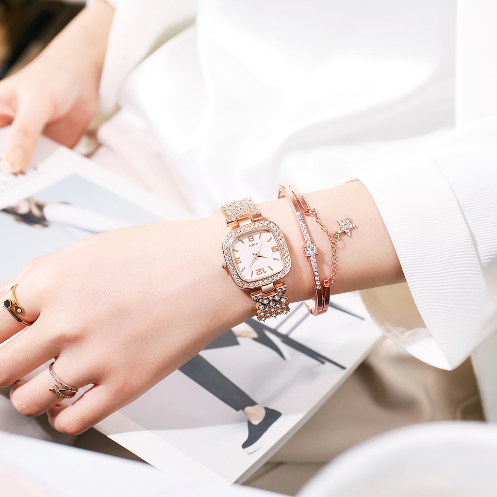 Đồng Hồ Mặt Vuông Đính Đá Với Dây Đeo Thép Không Gỉ Thời Trang