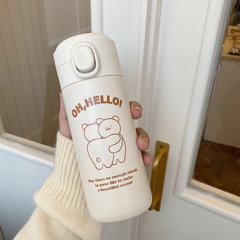 Bình giữ nhiệt chân không 420ml và túi xách tay in hình chú gấu Ohaya dễ thương