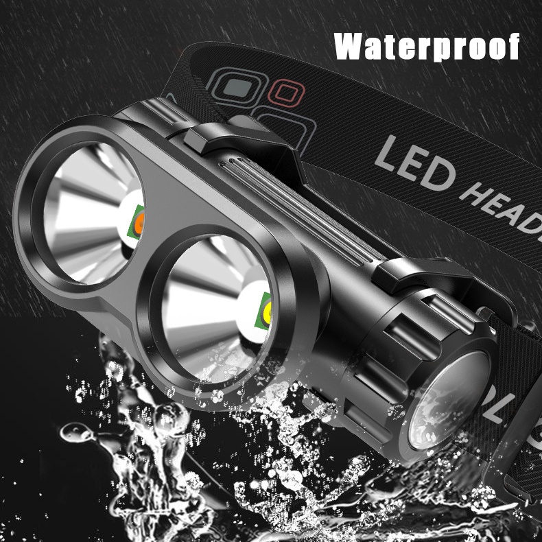 Đèn pin đeo đầu 2 bóng LED siêu sáng sạc USB chống thấm nước dùng khi chạy bộ/cắm trại/leo núi/câu cá