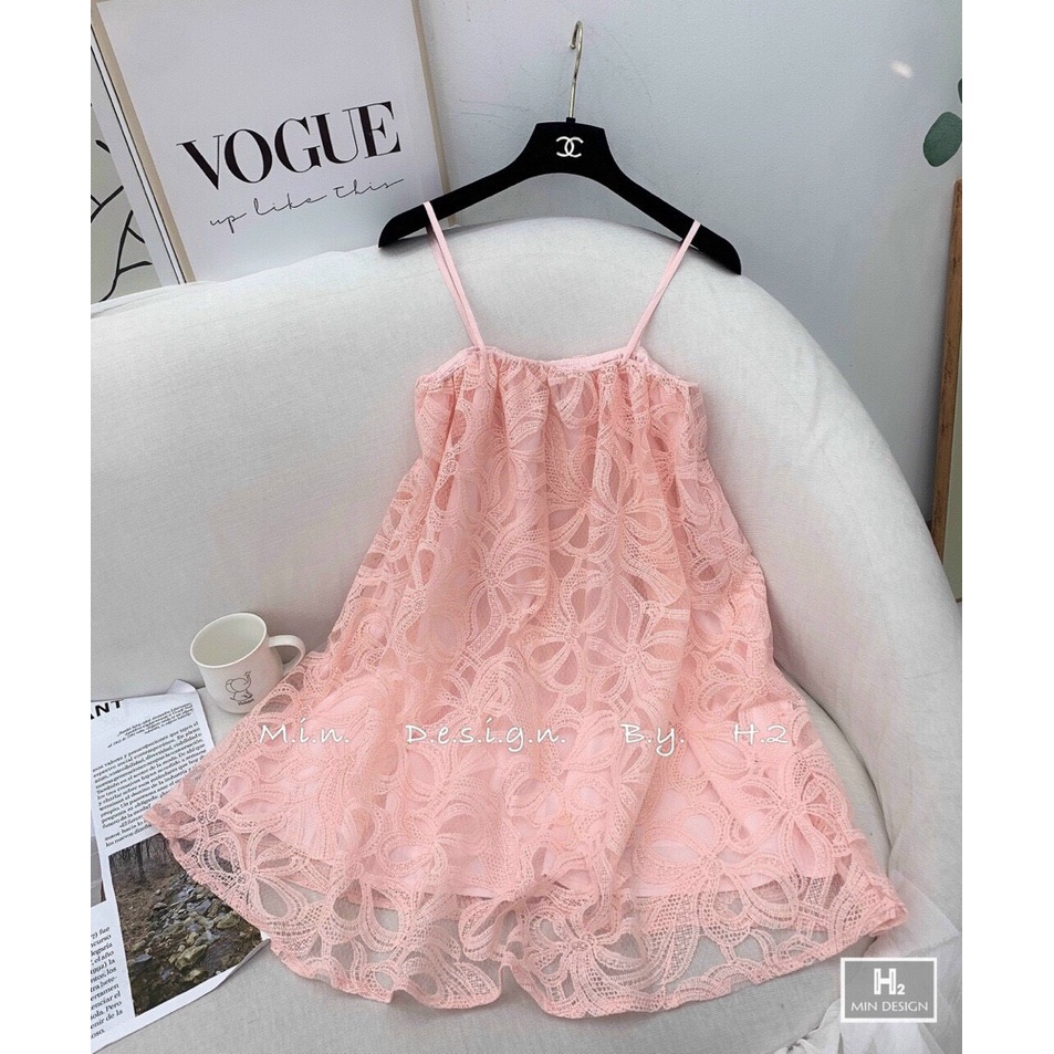 Đầm 2 dây hoa nổi chất ren xòe 2 lớp- váy babydoll ren màu trắng, hồng, be tiểu thư phong cách hàn quốc