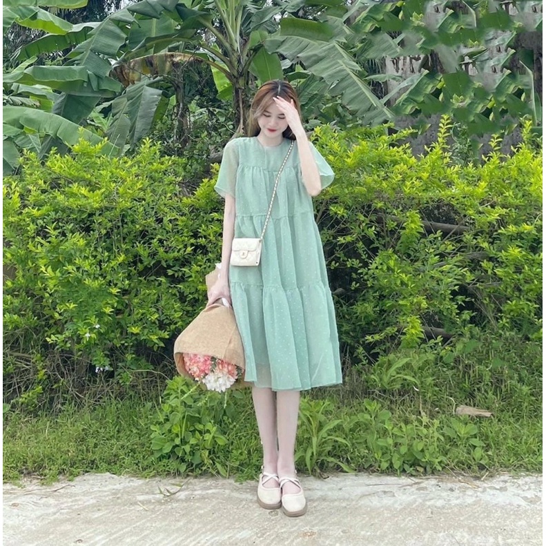 Váy đầm voan tơ hạt nổi hai lớp dáng xuông bèo tầng-Váy tiểu thư công chúa