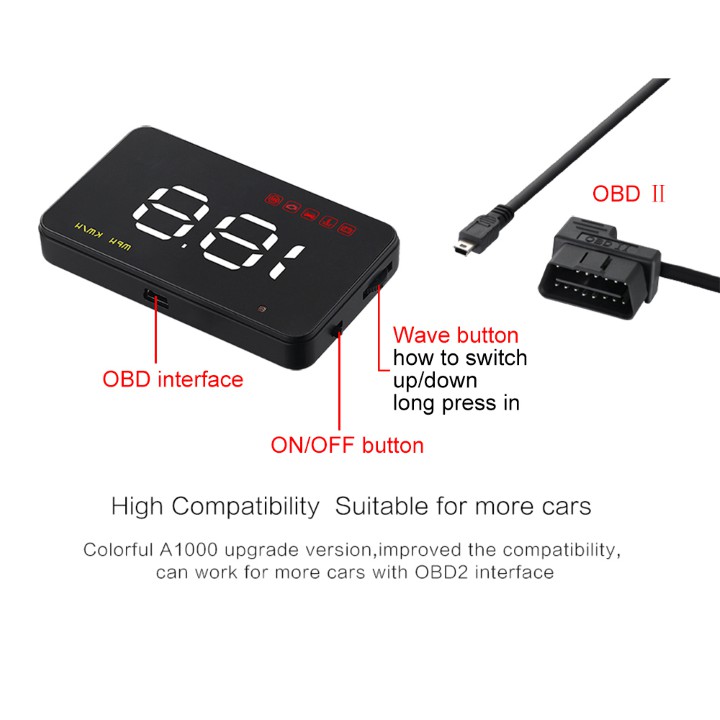 Hud Hiển Thị Cảnh Báo Tốc Độ Lên Kính Lái A1000 - Thiết Bị Cảm Biến, Hiển Thị Tốc Độ Xe Ô Tô Lên Kính Lái