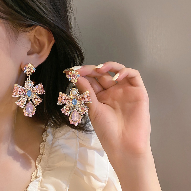 Khuyên Tai Nơ Kim Loại Đính Đá Pha Lê &amp; Ngọc Trai Giả Thời Trang Châu Âu Và Mỹ