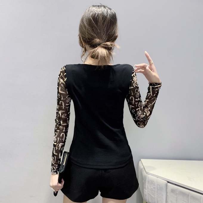 Áo lưới dài tay Áo thun dài tay nữ Phối Lưới In Họa Tiết Kim Cương Kiểu Mới