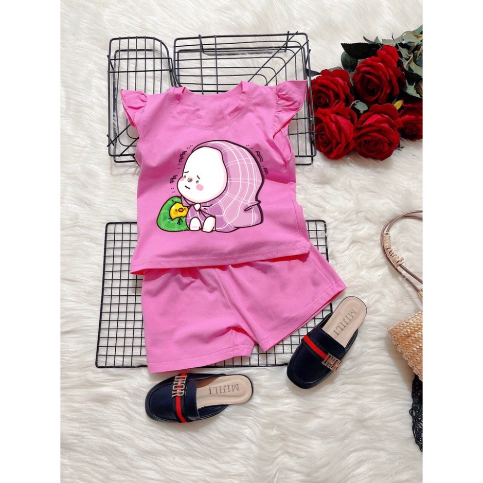 ( Chuyên sỉ lẻ Quần áo trẻ em ) Combo 3 Bộ đồ bé gái tay nhúng bèo hình thỏ choang khăn tím và vịt vàng cho bé gái từ 6k