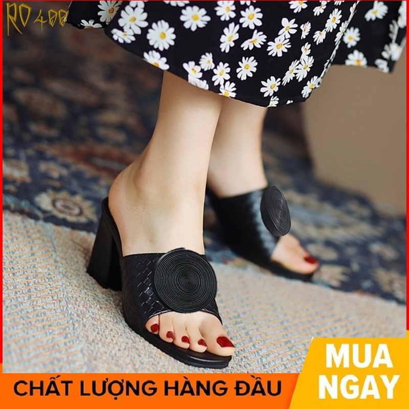 Dép nữ cao gót quai ngang 5 phân hàng hiệu rosata hai màu đen nâu ro400