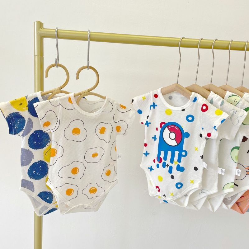 Bộ Áo Liền Quần Tay Ngắn Vải Cotton In Hoạt Hình One Piece Dễ Thương Cho Bé Sơ Sinh 0-24 Tháng