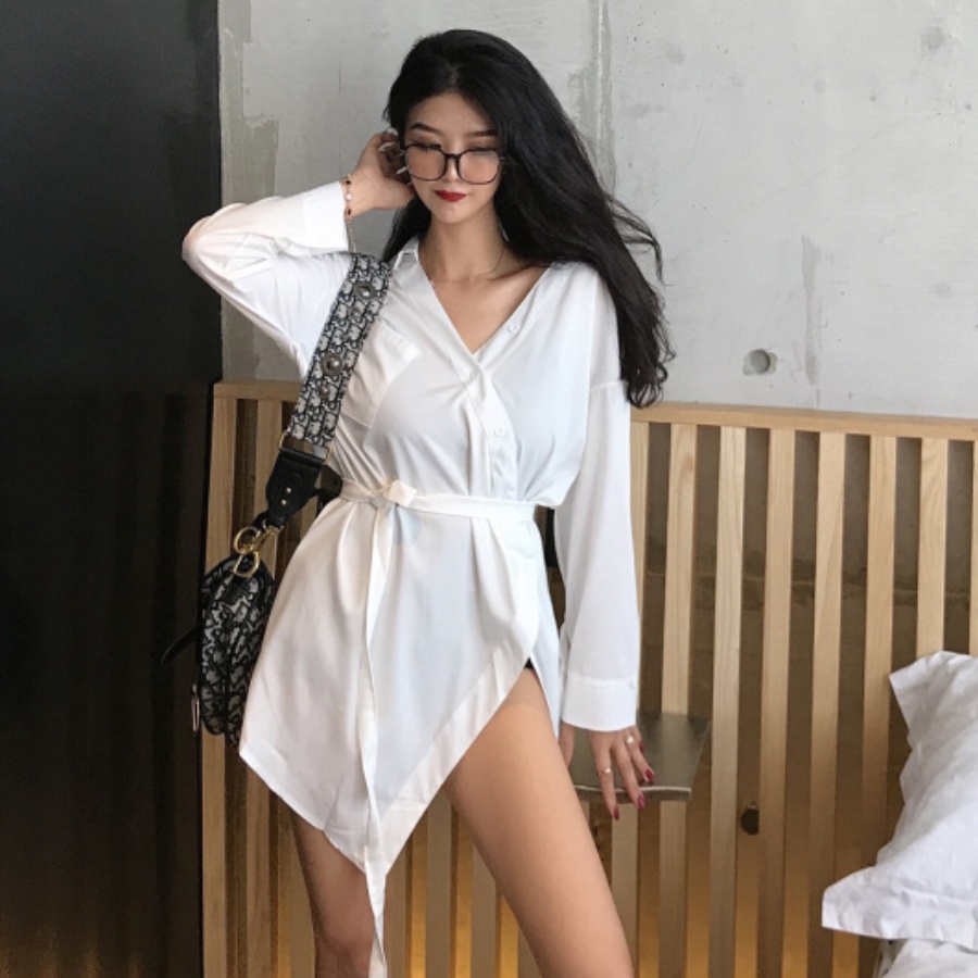 Áo sơ mi kiểu tay dài màu trắng &amp; đen HAF48 Hỉn Hỉn Store