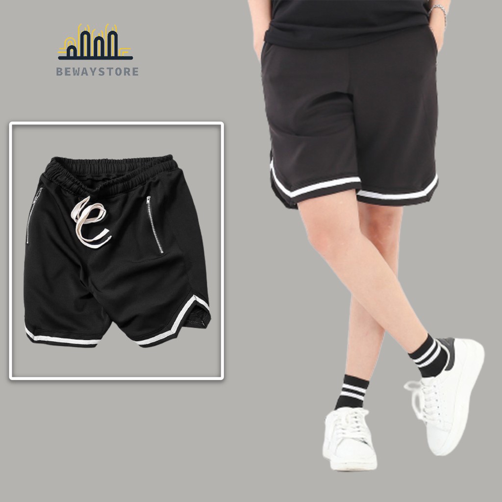 Quần short 1v unisex form rộng vải thun poly 2 da 4 chiều đen  - Quần short v line thể thao lưng thun ống rộng | BeWay