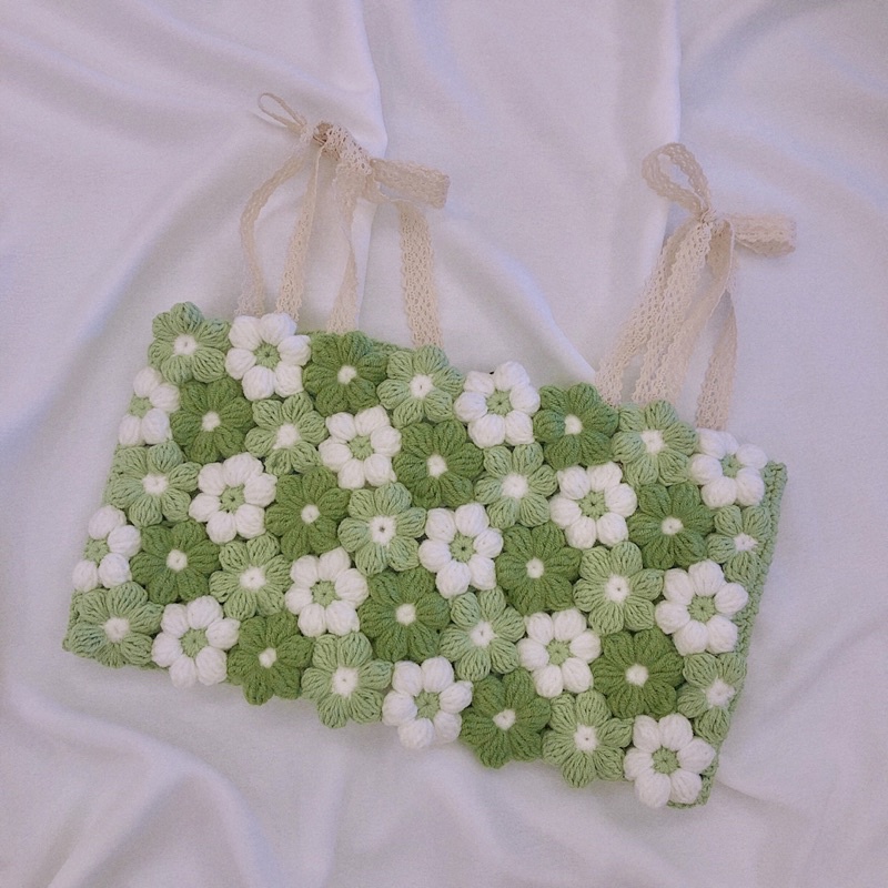 HIN croptop flower áo hoa len ghép thủ công xanh