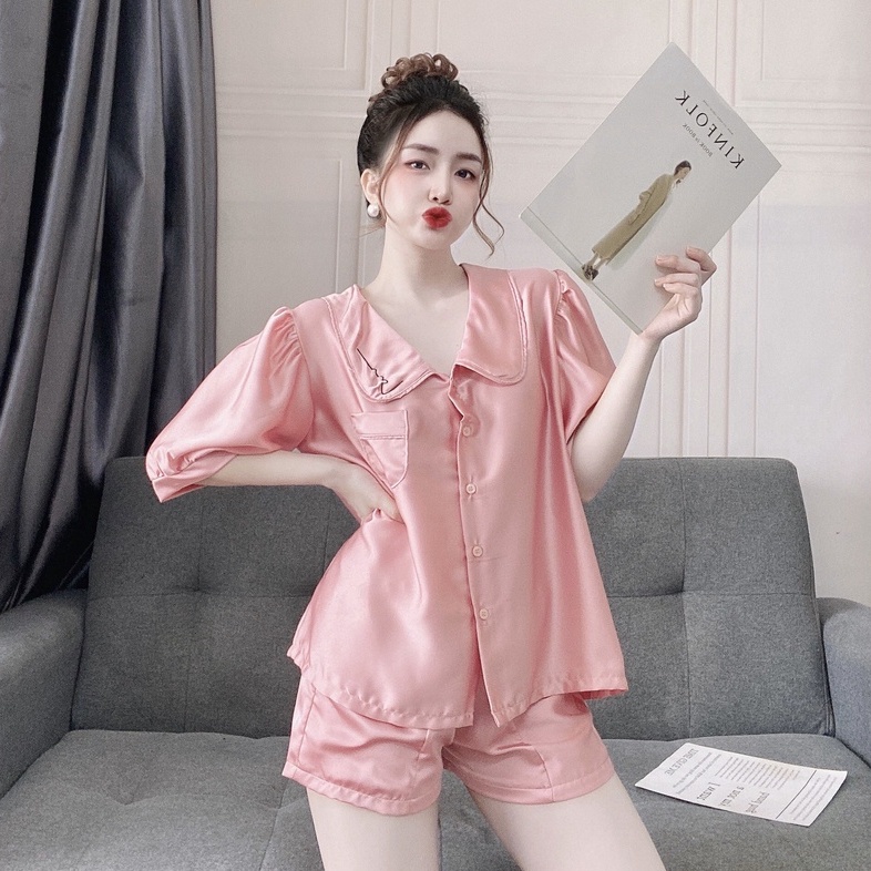 Đồ Ngủ Tiểu Tthư Tay Ngắn Cổ Thêu Chất Liệu Lụa Satin Cao Cấp Mềm Mịn Freesize 40-60kg - CN038 CINY | BigBuy360 - bigbuy360.vn