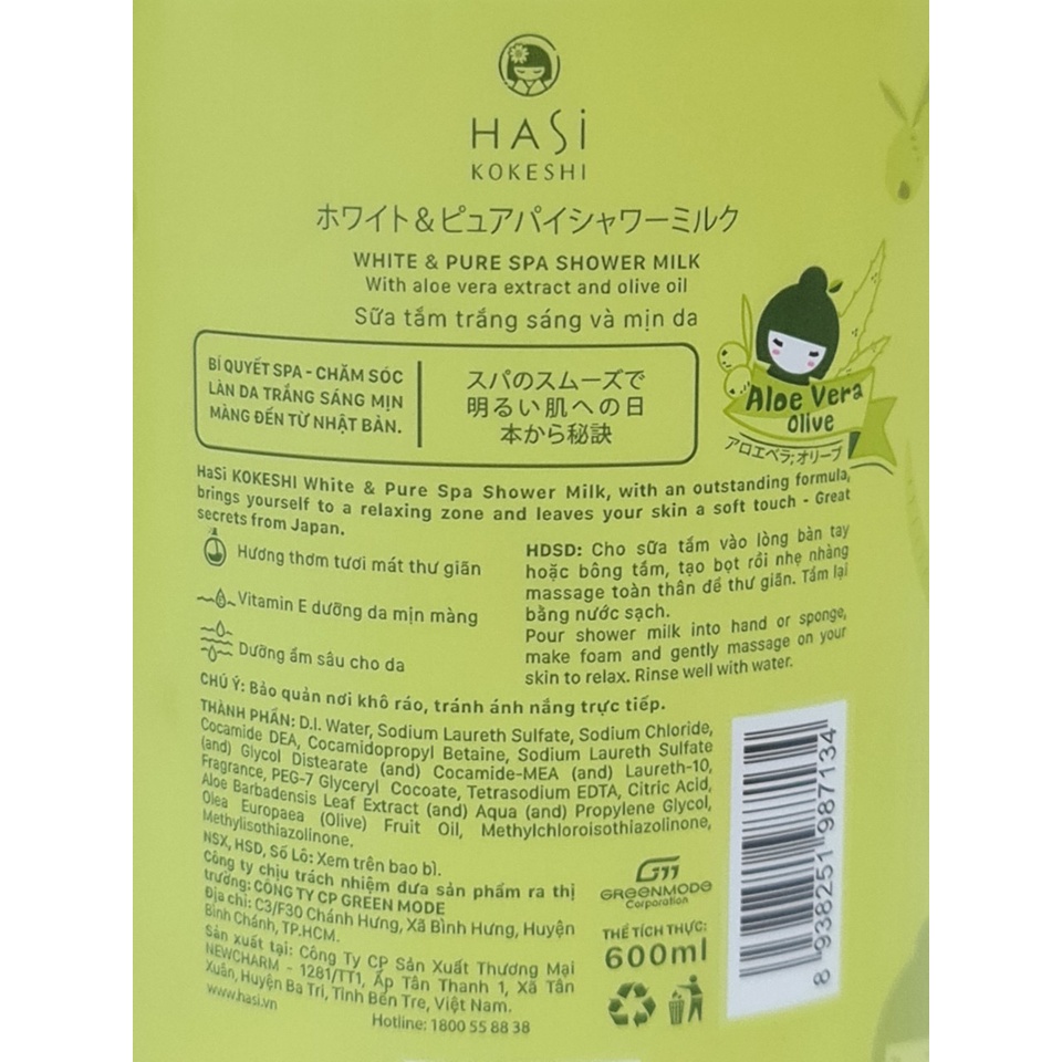Sữa Tắm Dưỡng Ẩm Trắng Da HASI Kokeshi Shower Milk 600ml