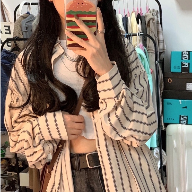 Áo sơ mi ZHELIHANGFEI tay dài dáng rộng họa tiết kẻ sọc thời trang dễ phối đồ cho nữ