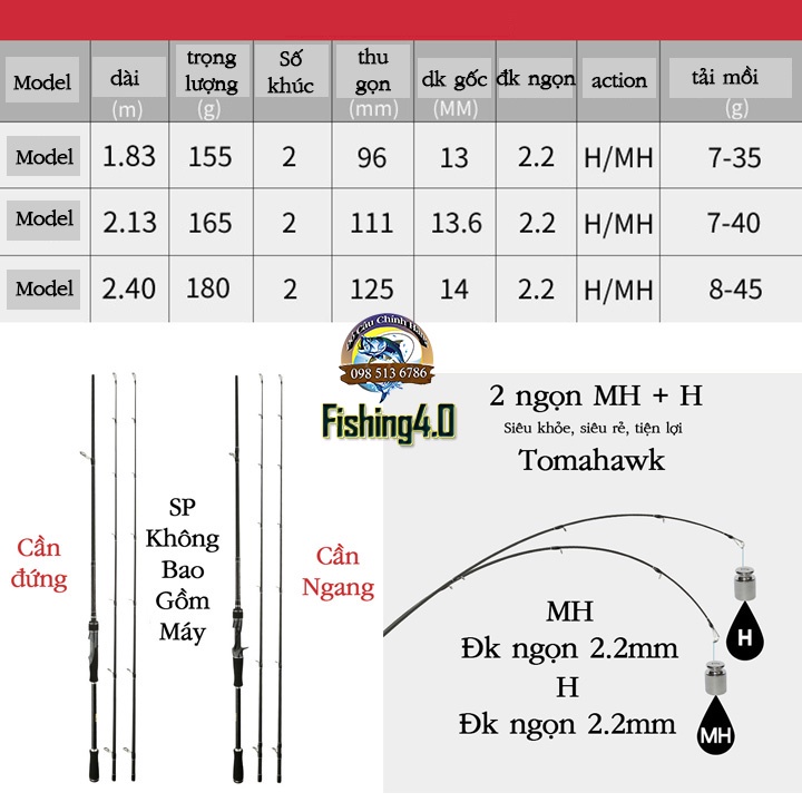 Cần câu lure 2 ngọn Tomahawk 2 ngọn MH + H Siêu Khỏe - Siểu rẻ -  tiện lợi