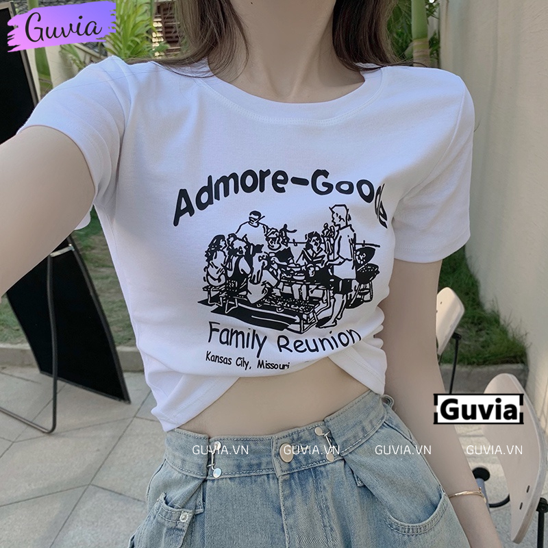 Áo Croptop Ôm Body Nữ ADMORE-GOODE Cổ Tròn Tay Ngắn, Áo Thun Croptop Kiểu In Họa Tiết GUVIA CR90