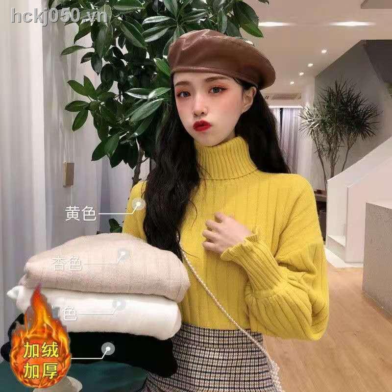 ✸❐Áo len lông cừu và không có lông cừu áo len của phụ nữ mùa thu và mùa đông dày phong cách mới nước ngoài áo sơ mi đáy cao cổ cao tay áo ren thanh lịch đan nữ tính