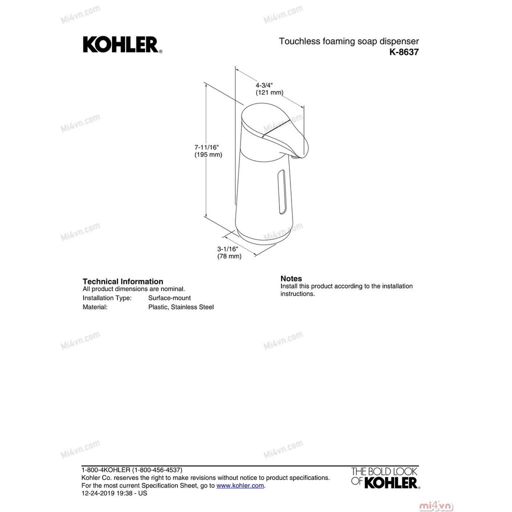 Máy tạo bọt xà phòng rửa tay đa năng Kohler K-8637