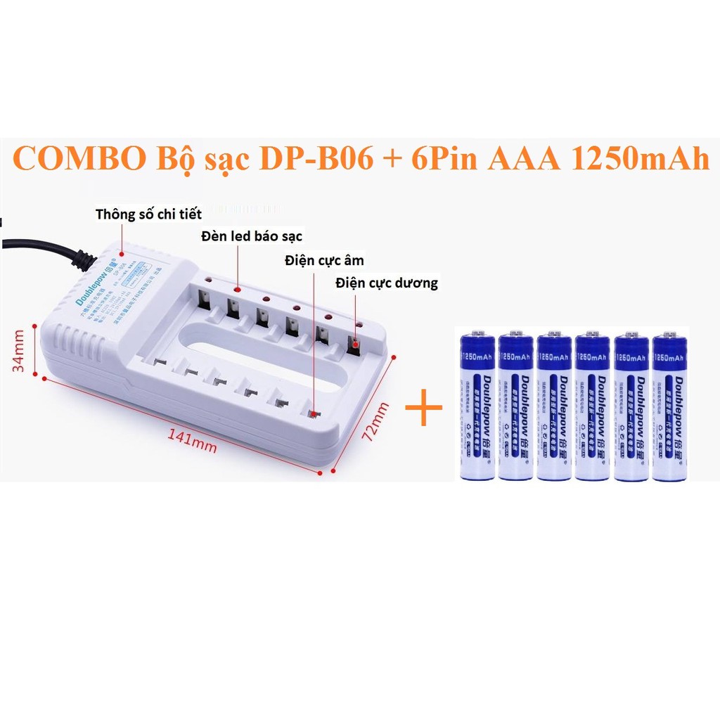 Combo Bộ sạc pin 6 khe đa năng + 6 pin sạc AAA 1250 mAh Doublepow