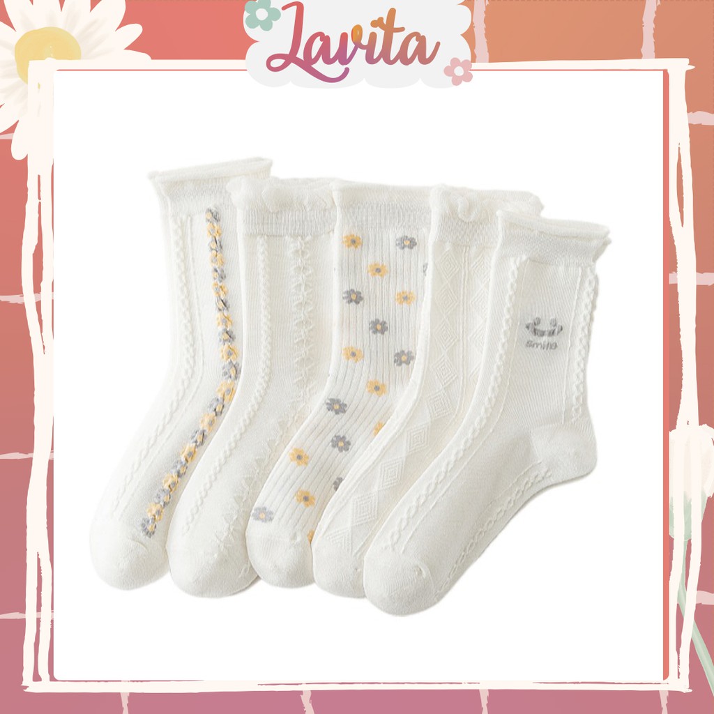 Combo 5 đôi tất nữ cổ nhún cổ cao màu trắng phong cách tiểu thư Hàn Quốc cute - LAVITA 02