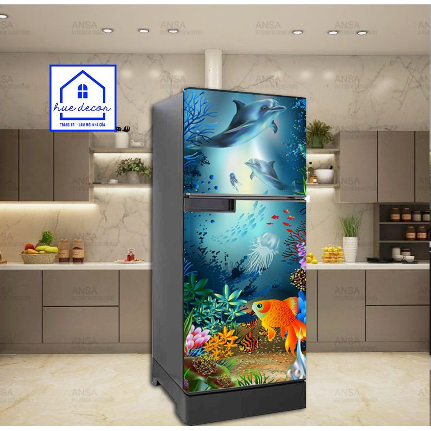 Giấy decal chuyên dụng dán tủ lạnh - máy giặt 3D cá Heo đại dương thương hiệu HUE DECOR chống nước