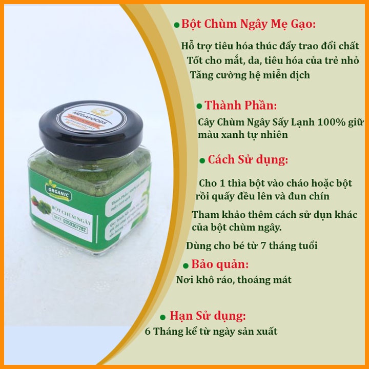 Bột Chùm Ngây Cho Bé Ăn Dặm Và Mẹ Bầu 90 Gram Nguyên Chất 100% Bột Rau Củ Sấy Lạnh MegaFoods BCN01